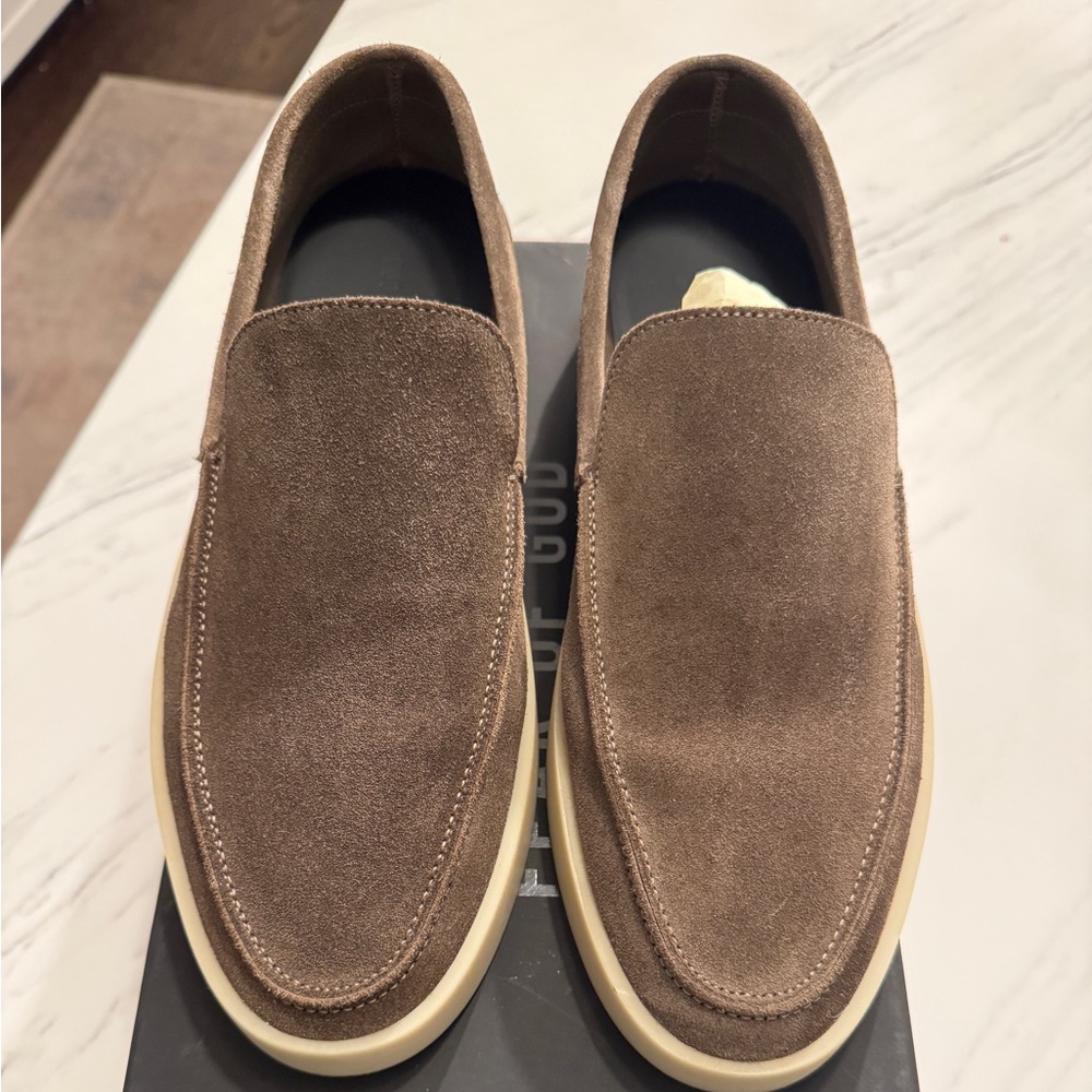 Suede loafers in beige.Round mock toe Treaded rubber platform sole in off-white.